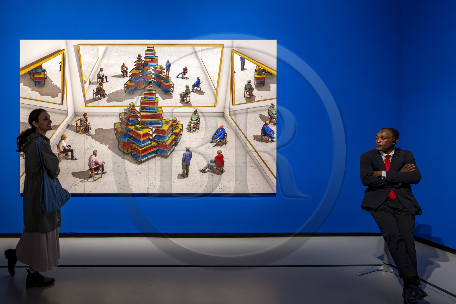 France, Paris, Bois de Boulogne, the Louis Vuitton Foundation by architect Frank Gehry, David Hockney exhibition 25, Spectators looking at a ready-made with skull and mirrors (2018)