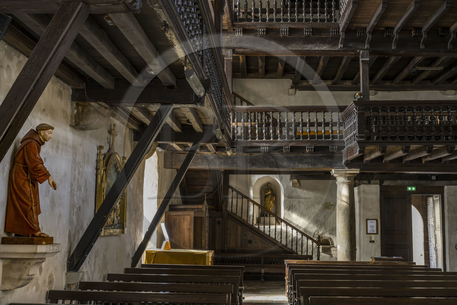 France, Pyrenees Atlantiques, Basque Country, Sare, labelled Les Plus Beaux Villages de France (The Most Beautiful Villages of France), Saint-Martin fortified church and the wooden galleries of the nave