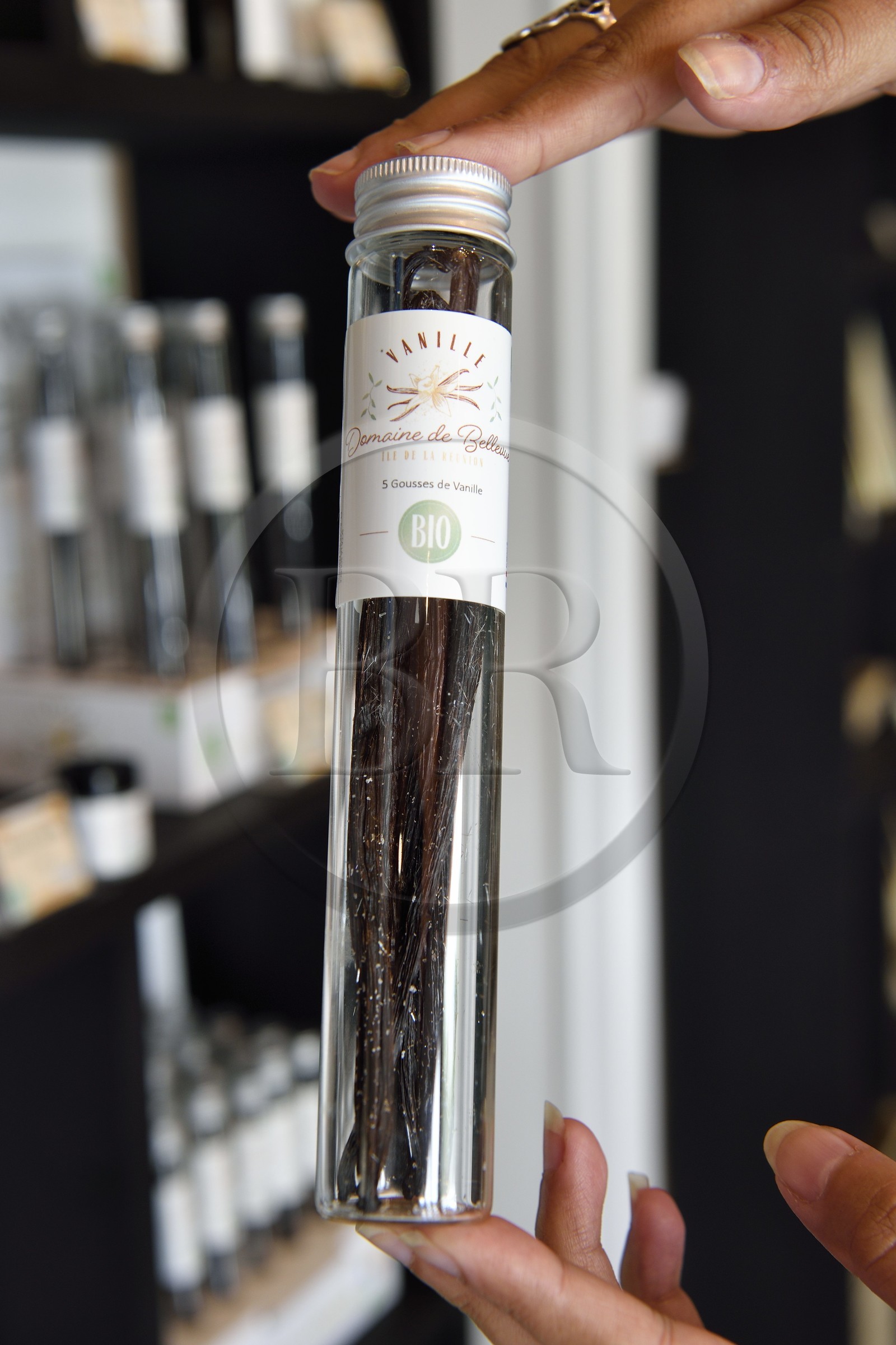 France, Ile de la Reunion, Saint-Louis, boutique Le Comptoir de la Vanille, tube de vanille biologique du Domaine de Bellevue