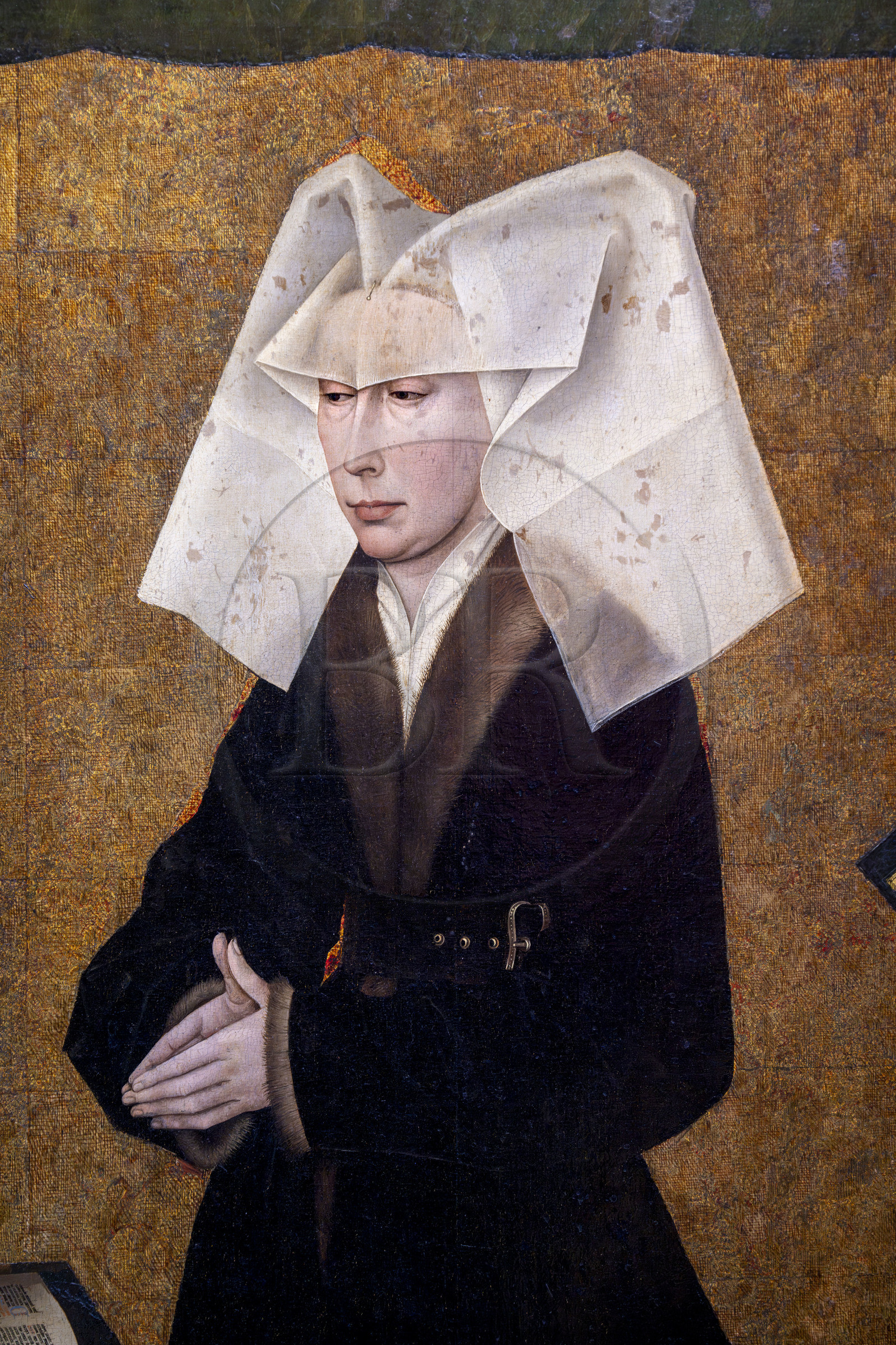 France, Cote d'Or, Beaune, area listed as World Heritage by UNESCO, Hospices de Beaune, Hotel Dieu, Polyptych Room, detail of the polyptych of the Last Judgment closed, work created in the 15th century by Rogier Van Der Weyden, portrait of Guigone de Salins, founder of the hospices with her husband Nicolas Rolin