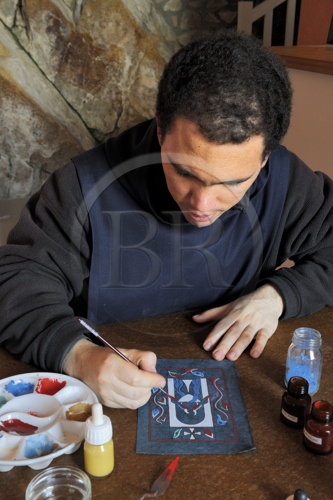 France, Manche (50), l'abbaye du Mont-Saint-Michel, classé Patrimoine Mondial de l'UNESCO, enluminures crées par le frère Sébastien, moine des Fraternités Monastiques de Jérusalem