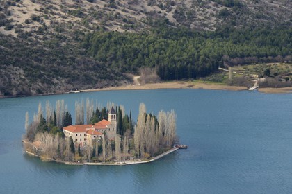 Croatia, Dalmatia, Krka National Park where Krka River becomes Lake Visovac, the Visovac Franciscan Monastery on the island