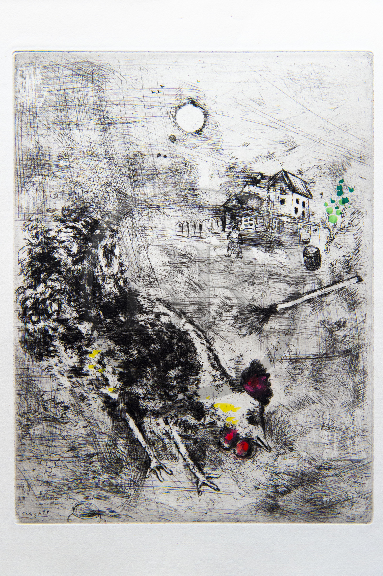 France, Aisne, Château-Thierry, Jean de La Fontaine Museum - city of Chateau-Thierry, illustrations from La Fontaine's Fables, The Rooster and the Pearl fable XX from book I, prints by Marc Chagall, 1927-1930 (copper engraving), published by Tériade in 1952, etching on wove paper, heightened with gouache and watercolor