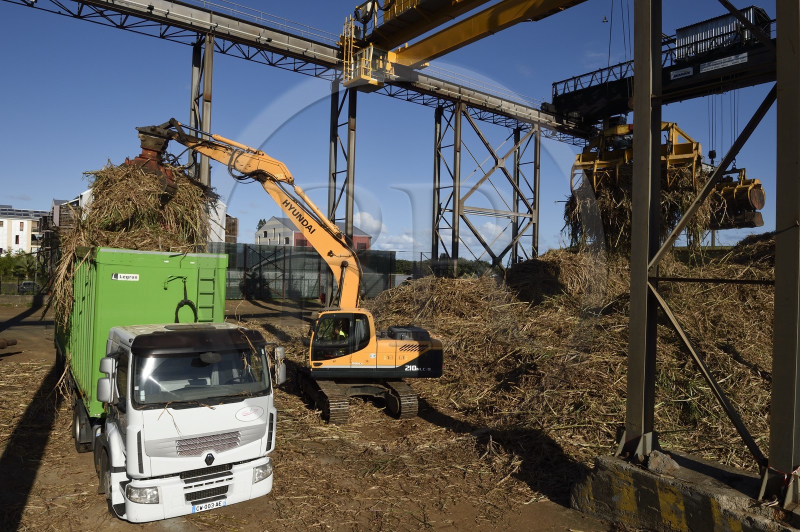 France, Ile de la Reunion, Saint-Pierre, Grands Bois, un des 11 centres de réception et de collecte de la canne à sucre aussi appelés Balance, les tracteurs amènent depuis les champs la canne dans des remorques, elle est ensuite pesée et chargée dans de grands camions appelés cachalots pour être acheminée vers l'usine sucrière du Gol
