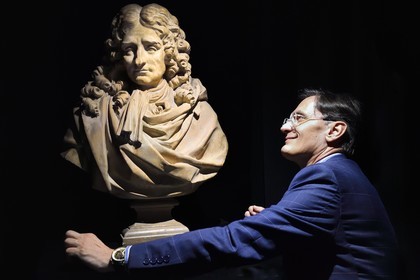 France, Aisne, Château-Thierry, Jean de La Fontaine Museum - city of Chateau-Thierry, Bust (patinated plaster) of Jean de La Fontaine by sculptor Louis Pierre Deseine and the director of the museum pole Nicolas Rousseau