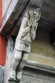 France, Haute Loire, Brioude, house of the famous 17th century smuggler Louis Mandrin, beam decorated with Atlantean sculptures made around 1940