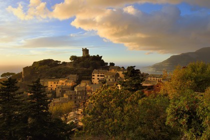 France, Haute Corse, Cap Corse, the hilltop village of Nonza and the Paoline Tower (Torra paolina)