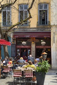 France, Rhone, Lyon, historical site listed as World Heritage by UNESCO, St. Paul neighborhood in the Vieux Lyon (Old Town), Place du Change and Bouchons Lyonnais (typical and traditional restaurants of Lyon)
