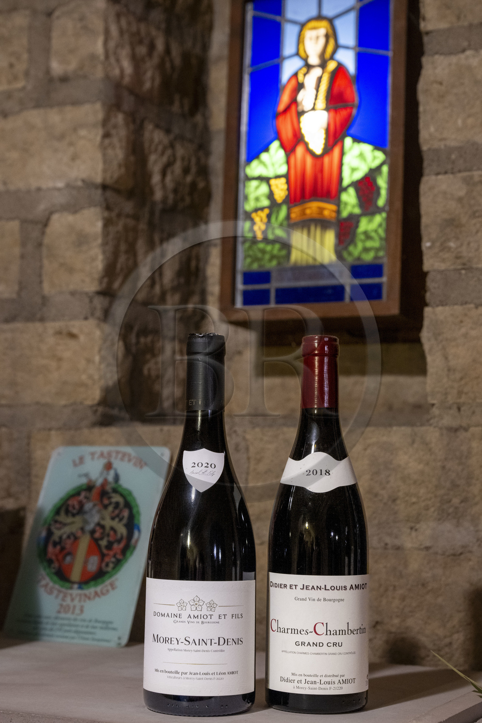 France, Cote d'Or, cultural Landscape of the climates of Burgundy listed as World Heritage by UNESCO, Route des Grands Crus (road of Vintage Wines), vineyard of the Côte de Nuits, Morey Saint Denis, Domaine Amiot et fils, bottles of Morey-Saint-Denis and Charmes-Chambertin Grand Cru