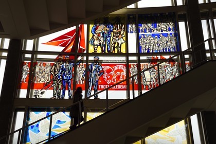 Germany, Berlin, stained glass window from the history of the German workers' movement from Walter Womackas in the former Staatsratsgebäude (German Democratic Republic State Council), today it's the ESMT European School of Management and Technology