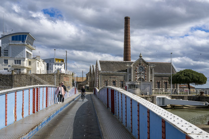 France, Loire Atlantique, Saint Nazaire, entrance to the south lock, swing bridge and harbor master's office facing the old elevator factory, location of Operation Chariot launched in 1942 by the British