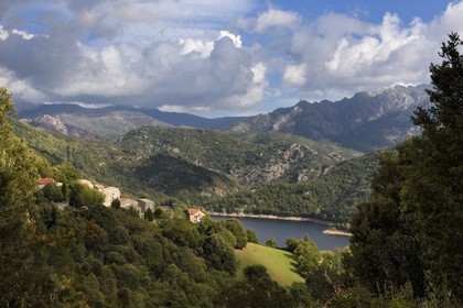 France, Corse-du-Sud (2A), Vallée du Prunelli, village de Tolla au bord du lac artificiel de Tolla