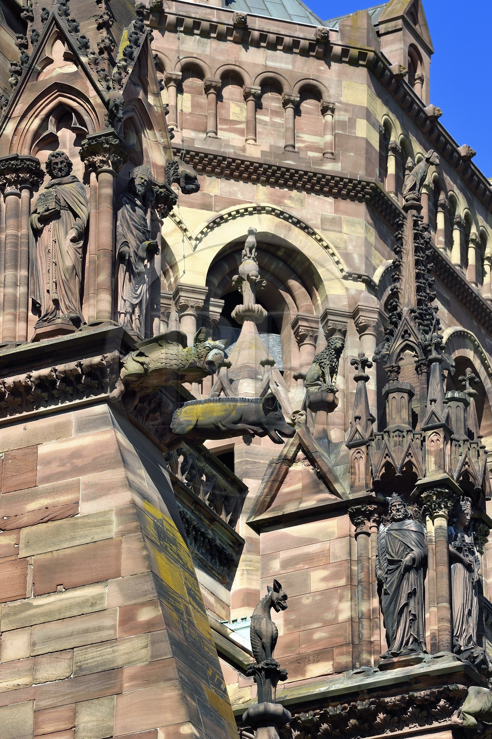 France, Bas Rhin, Strasbourg, old town listed as World Heritage by UNESCO, Notre Dame Cathedral, southern facade, chimeras and gargoyles on a flying buttress, pig and dog