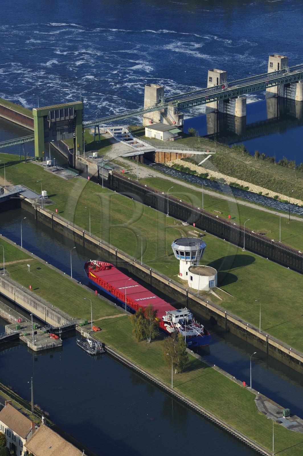 France, Eure, Port Mort, dam and locks on the Seine River (aerial view)