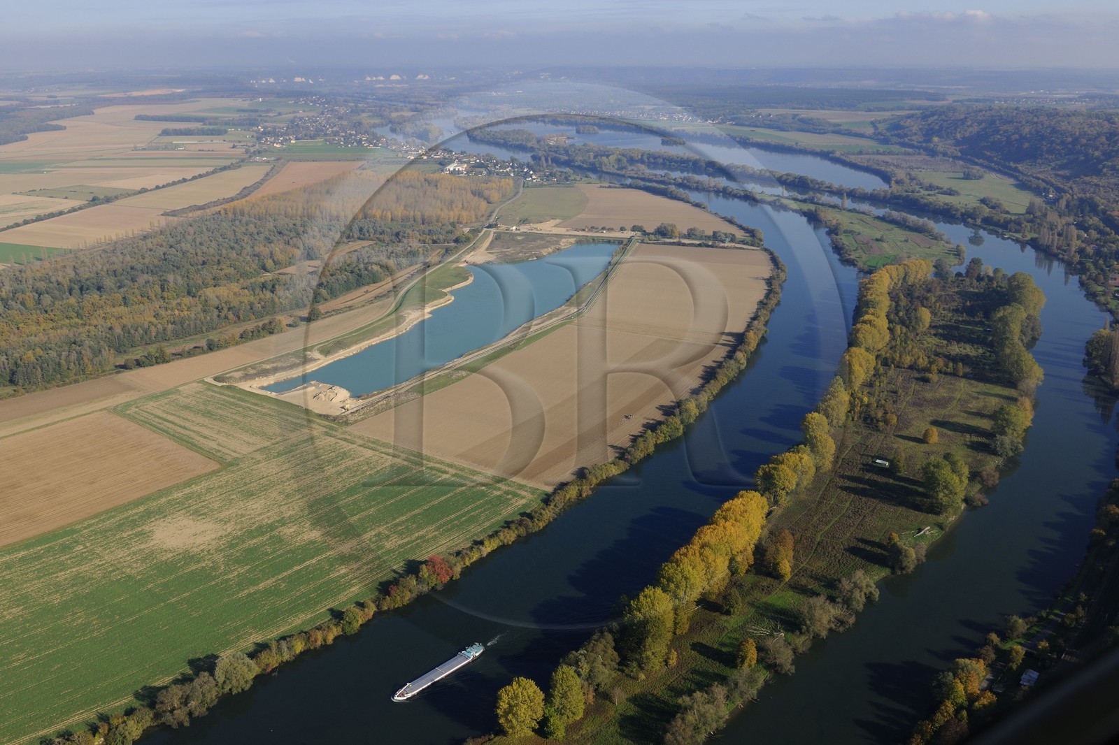 France, Eure, barge on the Seine river around Heudebouville, Lormais island (aerial view)