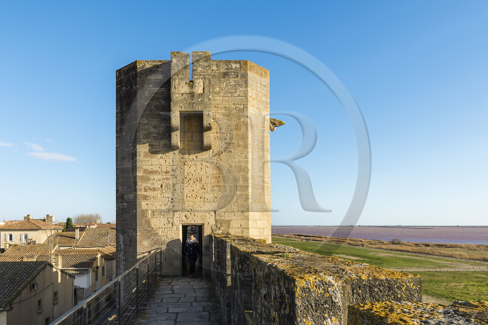 France, Gard (30), Aigues-Mortes, Tour de la Porte de l'Organeau et chemin de ronde sur les remparts sud