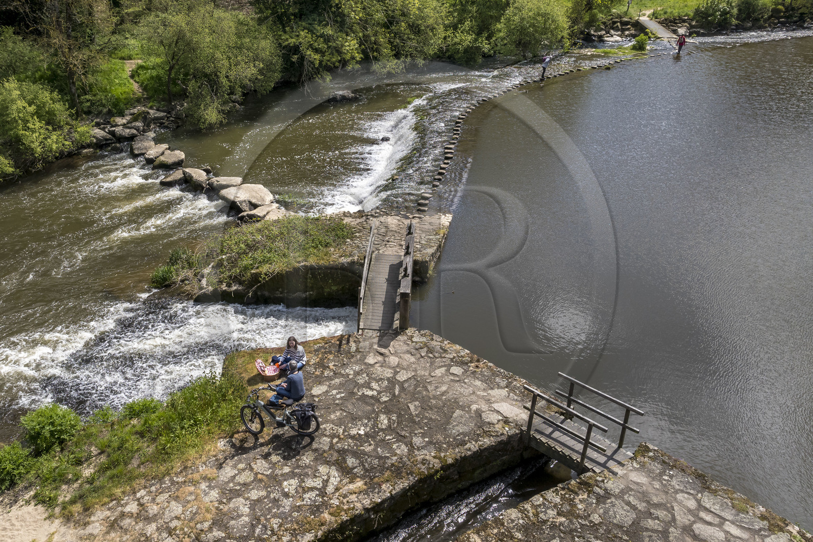 France, Vendee, Saint-Malô-du-Bois, Poupet valley, picnic at the Poupet inn mill on the banks of the Sèvre Nantaise river (aerial view)