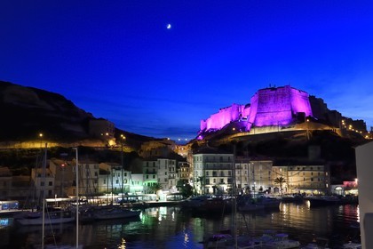 France, Corse-du-Sud (2A), Bonifacio, le port dominé par la citadelle dans la ville haute