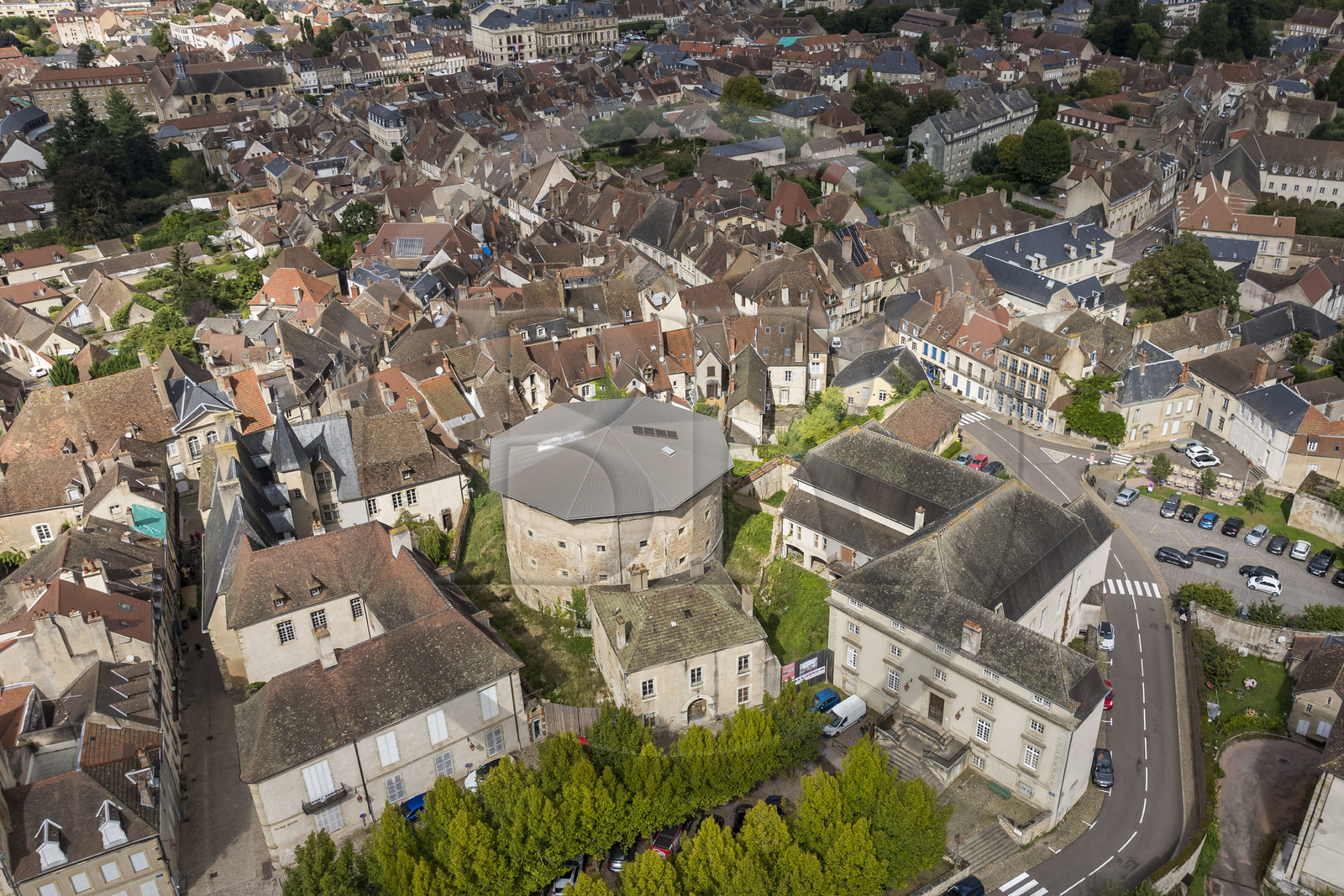 France, Saone et Loire, Autun, the current Rolin museum on the left will be extended to the two neighboring buildings which border the Place Saint-Louis: the 19th century circular prison and the former Palais de Justice on the right (aerial view)