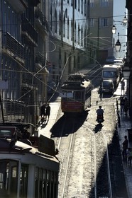 Portugal, Lisbon, Chiado district, tram line 28 in the descent of the rua Cordon