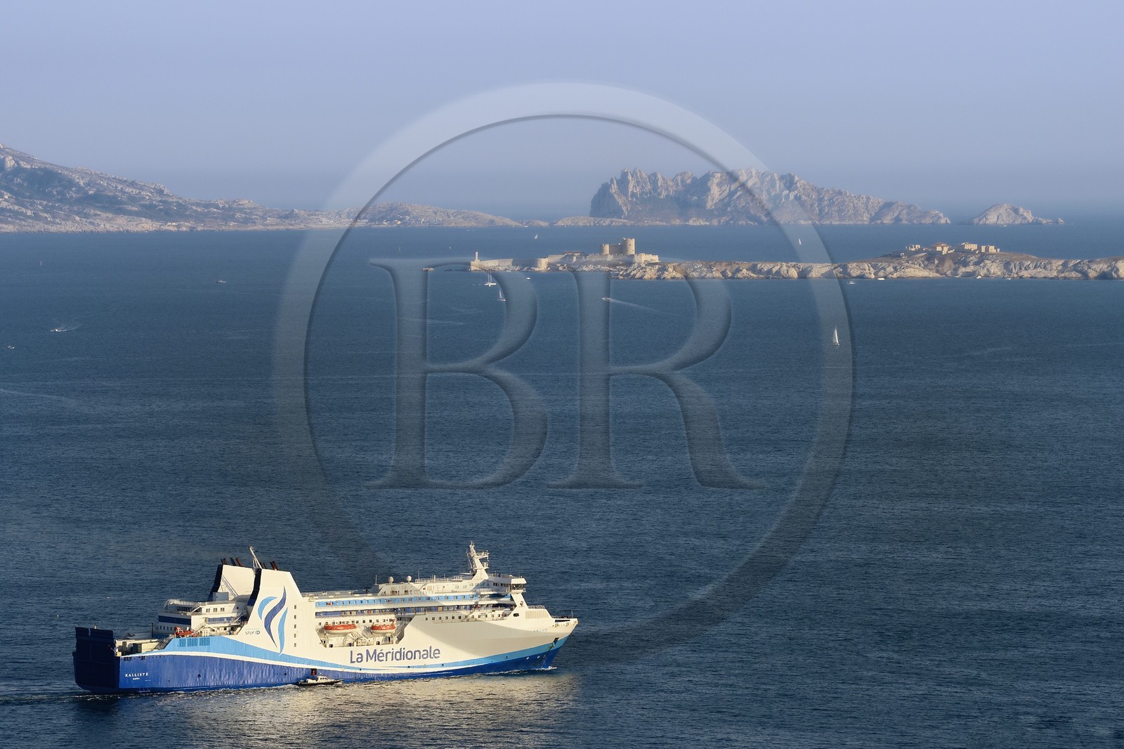France, Bouches du Rhone, Marseille, ferry from La Meridionale going to Corsica, Archipelago of the Frioul Islands and the Chateau d'If in the background