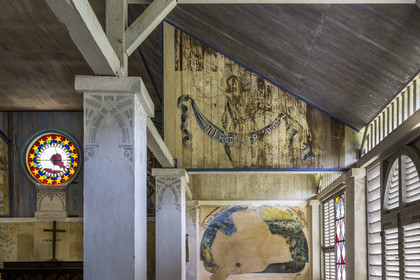 France, French Guiana, Kourou, Salvation Islands (Iles du Salut), Royal Island, the chapel of Notre-Dame Immaculée du Salut, the only place of worship in the penal colony whose murals were painted between 1938 and 1941 by a convict, Francis Lagrange known as Flag, convicted of fraud and counterfeiting but who was also a forger and artist