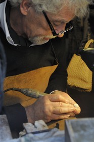 France, Seine-Maritime, Dieppe, ivory sculptor Philippe Ragault in his workshop