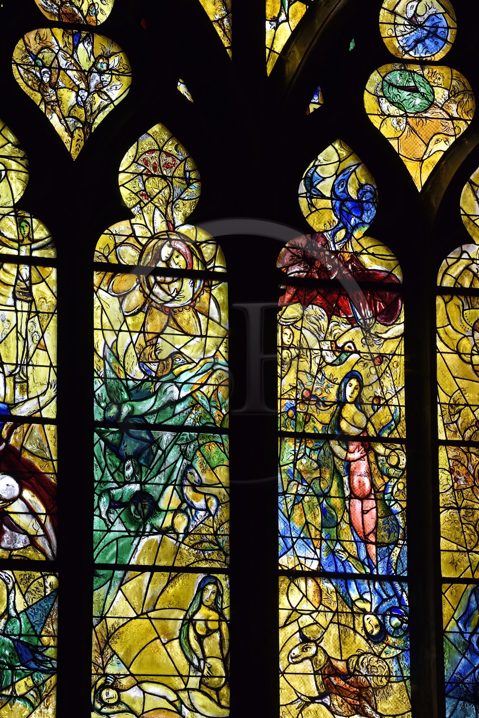 France, Moselle (57), Metz, la cathédrale Saint-Etienne, vitraux du transept nord avec pour sujets des épisodes de l’Ancien Testament par Marc Chagall (XXe siècle) réalisés par l’atelier Simon-Marq à Reims (droits réservés)