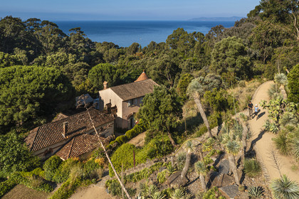 France, Var, Le Rayol Canadel sur Mer, Domaine du Rayol, Conservatoire du Littoral Estate compulsory mention, Jardin des Mediterranees designed by landscaper Gilles Clément, the Arid American Garden and the former farm (aerial view)