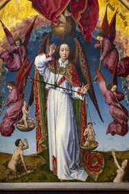 France, Côte-d'Or (21), Beaune, zone classée Patrimoine Mondial de l'UNESCO, Hospices de Beaune, l'Hôtel-Dieu, salle du Polyptyque, polyptyque du Jugement Dernier ouvert, oeuvre réalisée au XVe siècle par de Rogier Van Der Weyden (détail)