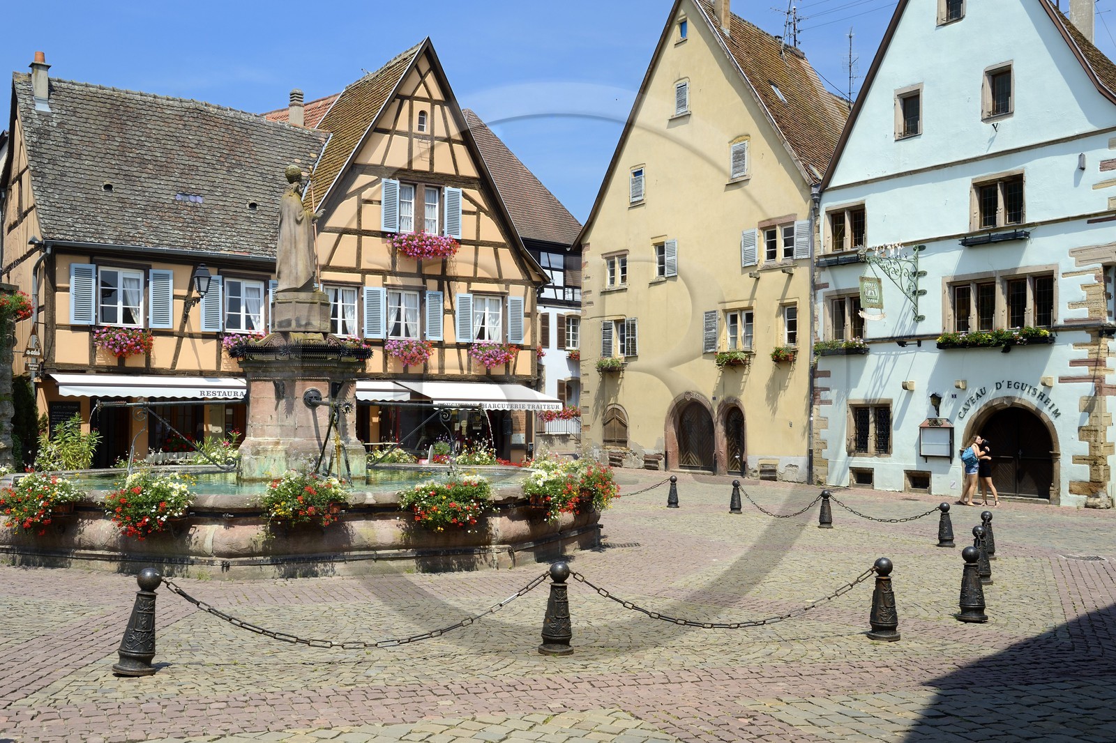 France, Haut-Rhin (68), Eguisheim, labellisé Les Plus Beaux Villages de France, place du Chateau, la fontaine surmontée d'une statue du Pape Leon IX natif du village