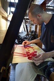 France, Rhone, Lyon, La Croix Rousse District, Silk manufacturer Prelle, silk loom developed by Joseph Marie Jacquard called Jacquard loom, the canut (lyonnais silk worker) Sebastien
