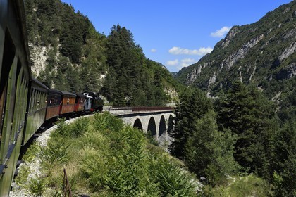 France, Alpes-Maritimes, Alpes de Haute Provence, les scaffarels around Annot, Train des Pignes historic train, the Donne viaduct