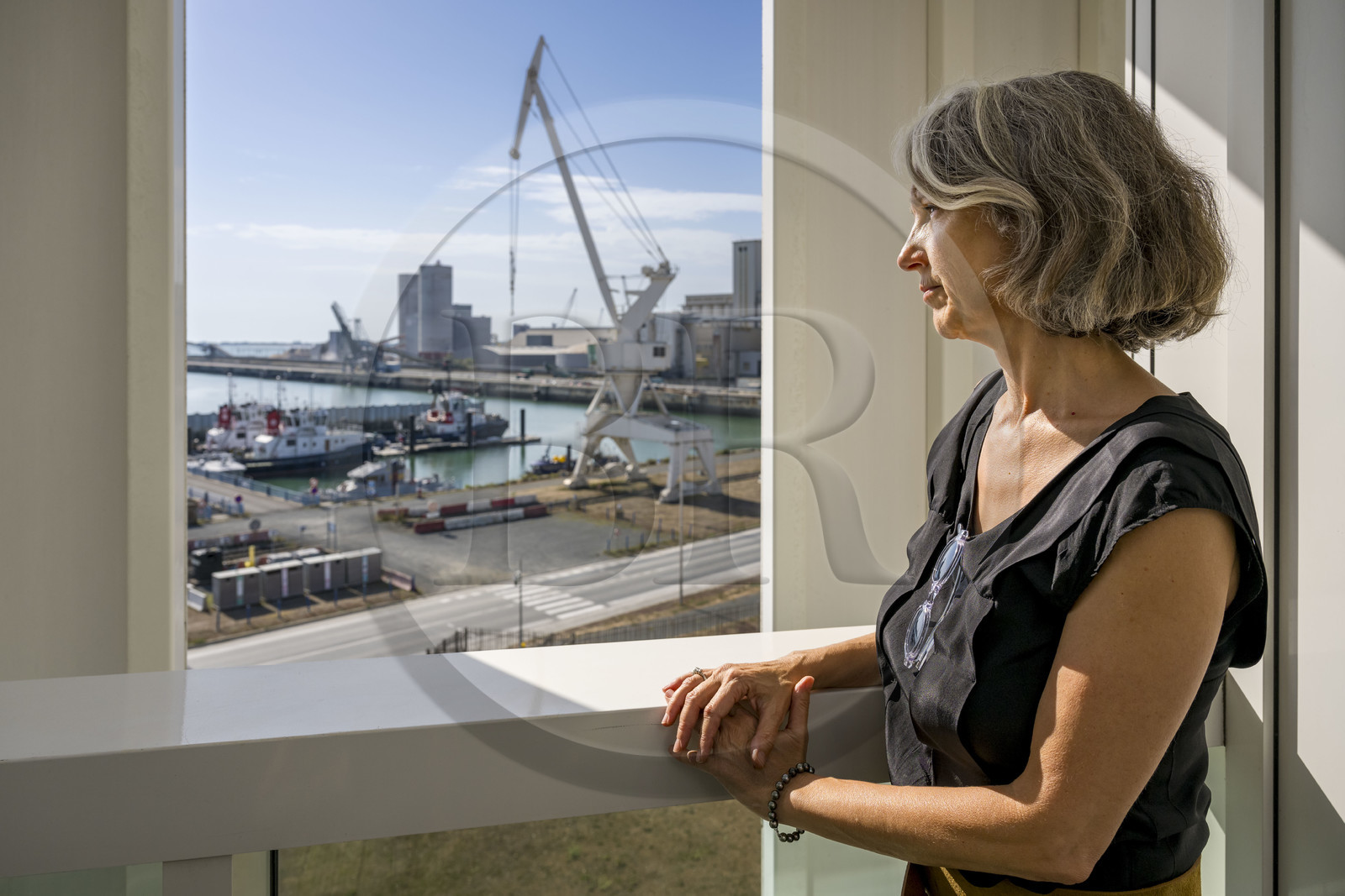 France, Charente-Maritime (17), La Rochelle, le Port Atlantique La Rochelle, Sarah Boursier observe le port de commerce La Pallice