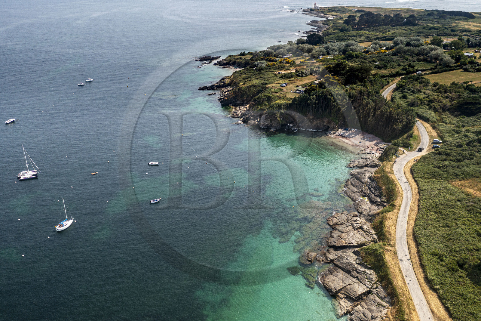 France, Morbihan, Groix Island, Red Sands beach (aerial view)