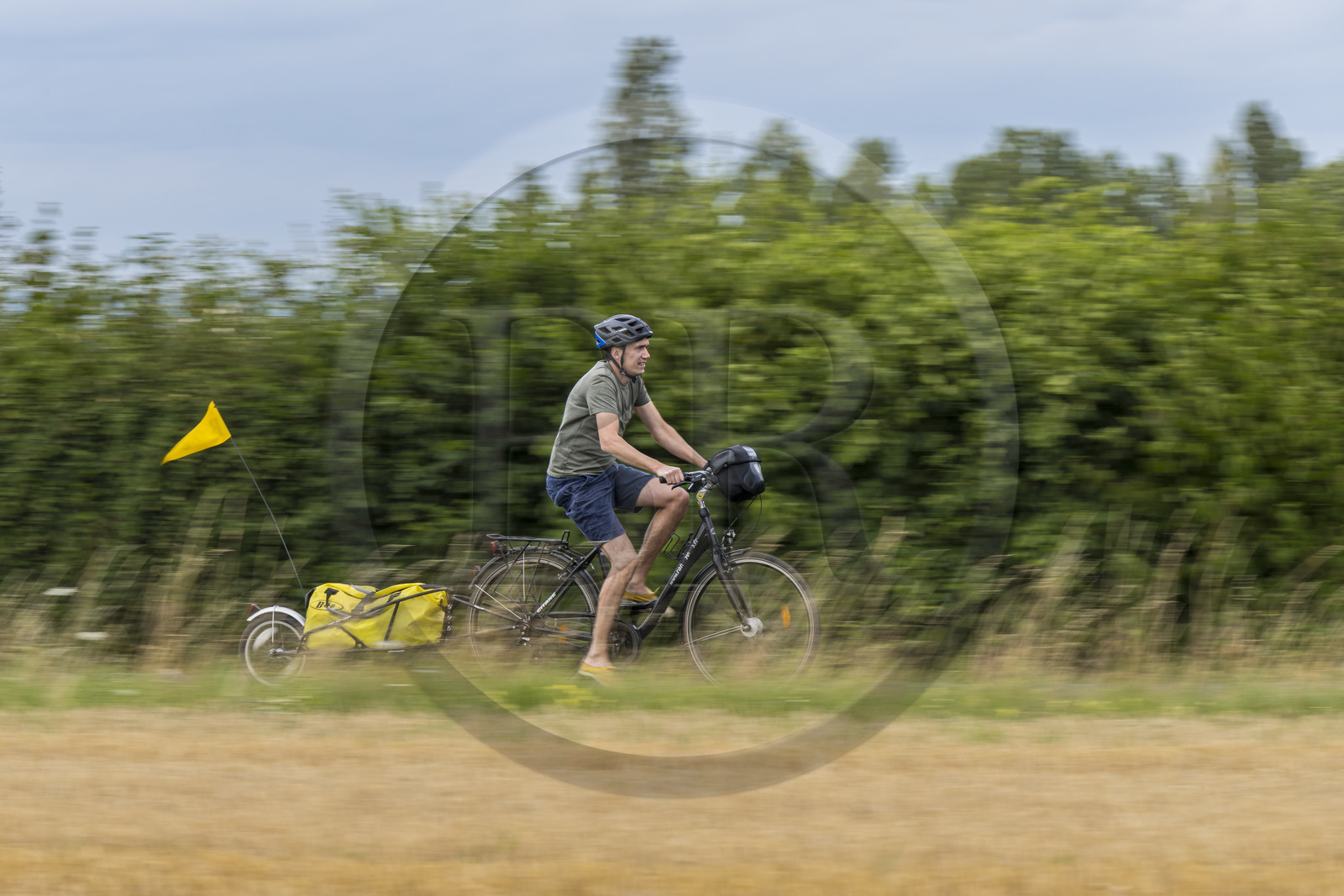 France, Maine-et-Loire (49), vallée de la Loire classée au Patrimoine Mondial par l'UNESCO, Saumur vers Saint-Hilaire, randonnée à bicyclette avec une remorque transportant le matériel de camping