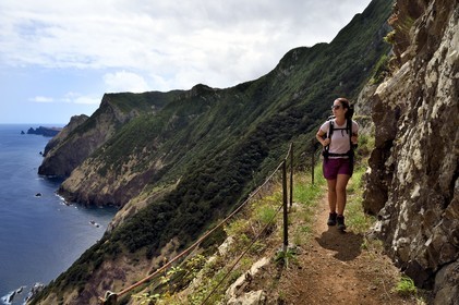 Portugal, Ile de Madère, randonnée de Machico à Porto da Cruz par le Vereda do Larano, randonneuse sur le sentier taillé à flanc de paroi dans la falaise de Larano