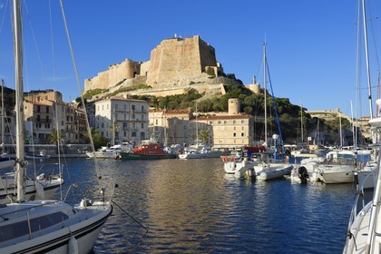 France, Corse du Sud, Bonifacio, the port overlooked by the Citadel in the upper town