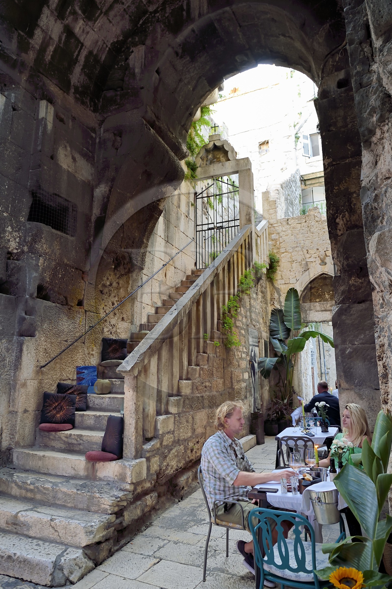 Croatia, Dalmatia, Dalmatian coast, Split, old Roman city listed as World Heritage by UNESCO, restaurant terrace in the old ramparts
