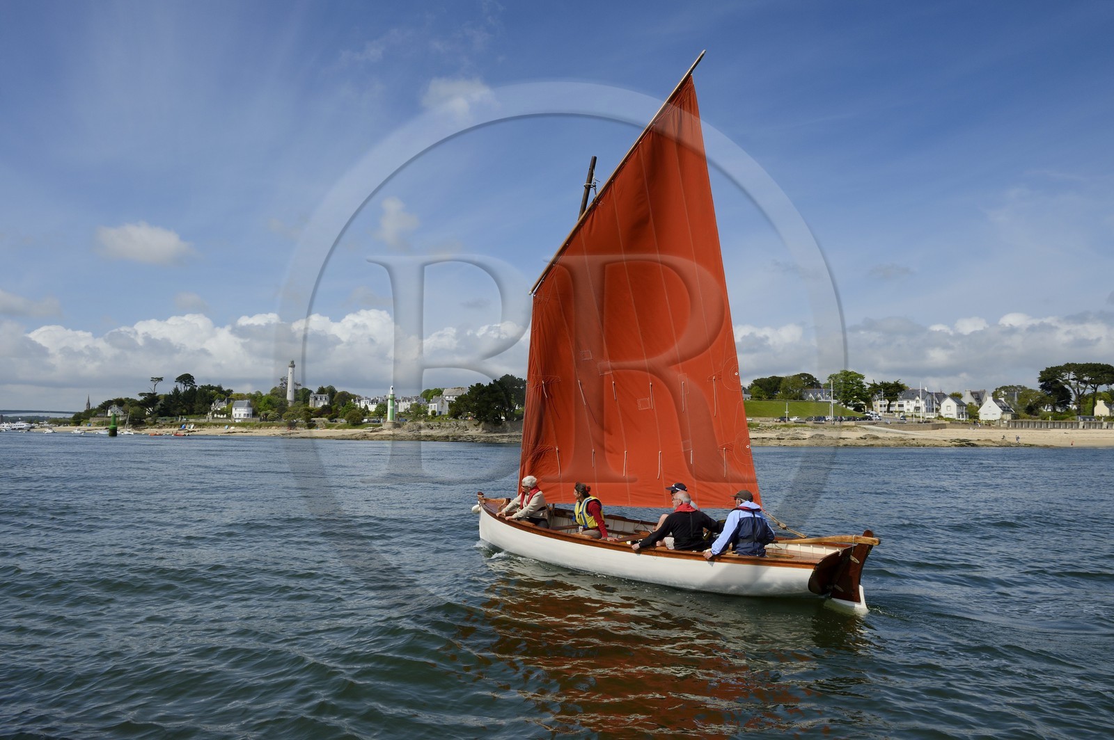 France, Finistere, Benodet, Trez Cove, arrival of the sailing boat (yole) Poull Mousig in the Odet river estuary