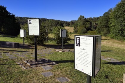 France, Meuse, Lorraine Regional Park, Cotes de Meuse, the Literary Garden of Saint Remy la Calonne, 16 panels in 3 languages ​​(French, German and English) evoking through excerpts from their text the experiences and reflections of iconic writers fighters of the Great War