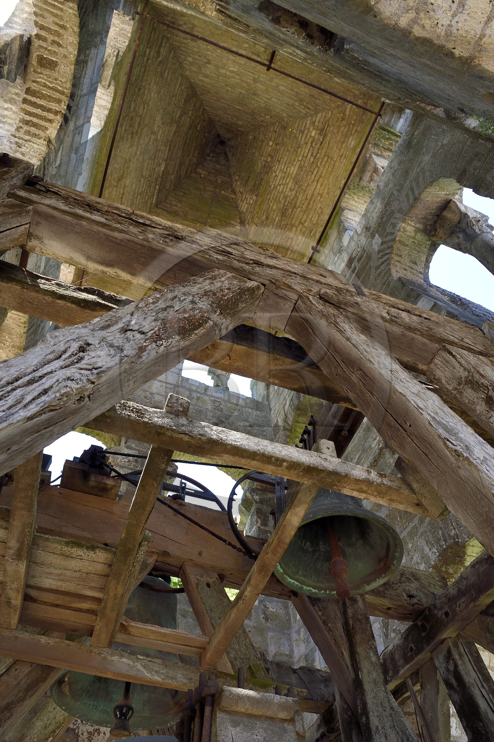 France, Dordogne, Brantome, Saint Pierre benedictine abbey, inside the bell tower of the abbey church (11th century); certainly the oldest bell tower in France