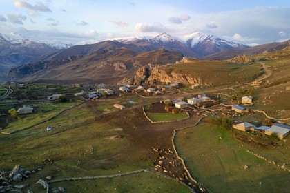 Azerbaijan, Quba (Guba) region, Greater Caucasus mountain range, village of Giriz at dawn (aerial view)