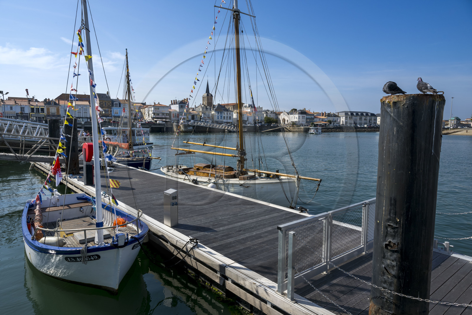 France, Vendee, Les Sables d'Olonne, traditional boats moored at the entrance to the commercial port, the La Chaume district in the background