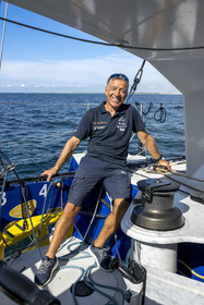 France, Vendee, Les Sables d'Olonne, skipper Manuel Cousin training on his 60-foot monohull sailboat IMOCA Coup de Pouce