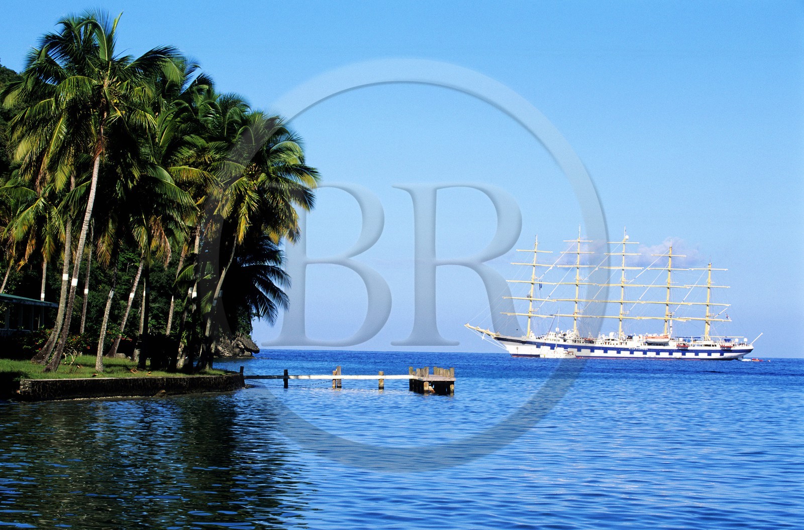 Caribbean sea, St Lucia island, the SPV Royal Clipper anchored in Marigot Bay