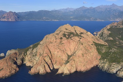 France, Corse du Sud, Golfe de Porto, listed as World Heritage by UNESCO, the Capo Rosso and the Genovese Tower of Turghiu (Turghio) in the background (aerial view)
