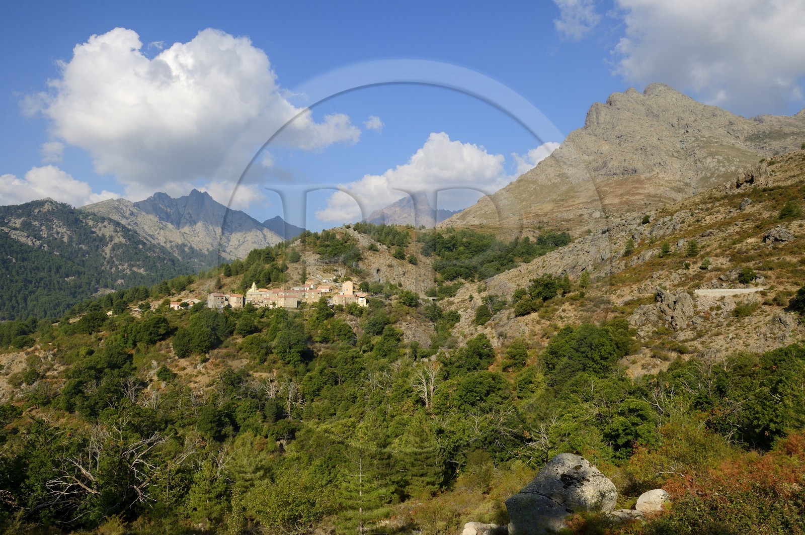 France, Haute-Corse (2B), région du Niolu (Niolo), Calasima plus haut village de Corse (1 095m) au pied de la montagne du Paglia Orba en forme d’aileron de requin