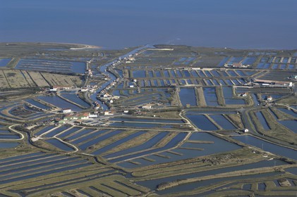 France, Charente-Maritime (17), Ile d'Oléron, côte est au nord de Château-d'Oléron, Claires entre marais et parcs à huitres (vue aérienne)