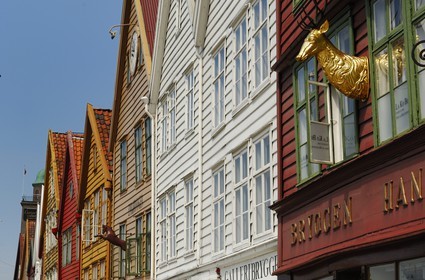 Norvège, comté de Hordaland, Bergen, maisons en bois du quartier de Bryggen, classé Patrimoine Mondial de l'UNESCO, ancien comptoir de la ligue hanséatique (la Hanse)